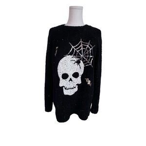 Happy Halloween Poof Skull Spiderweb Sequin Halloween Party Sweater Women’s Sz M